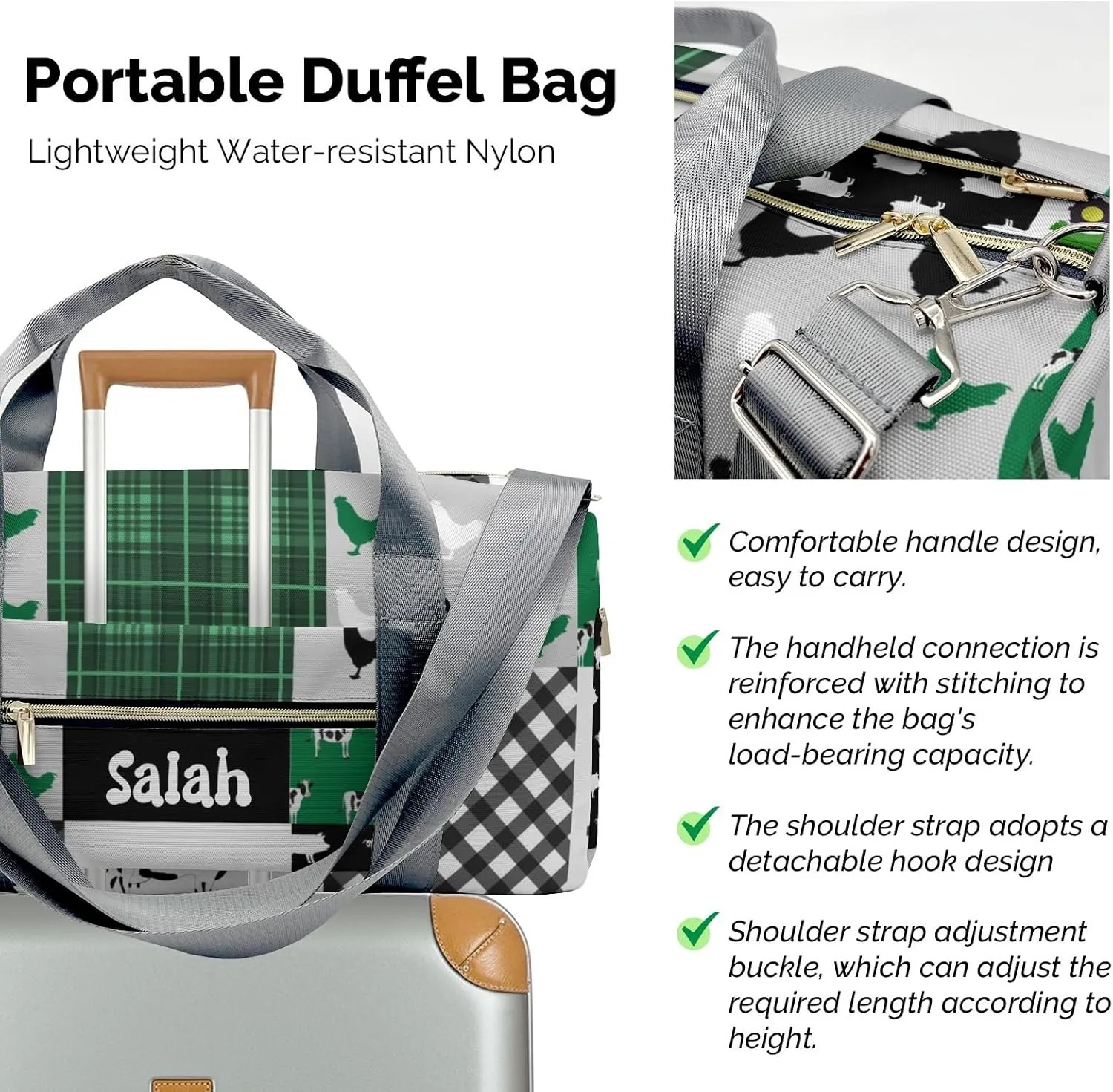 Personalized Farm Cow Rooster Car Green Custom Multi-functional Travel Bag, Unisex Portable Duffel Bag, Short Distance Travel Assistant