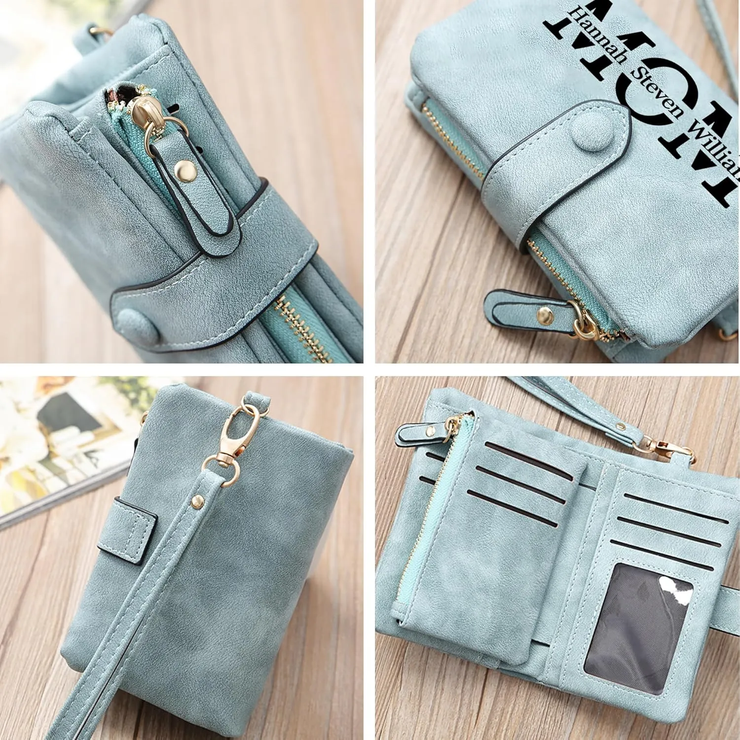 Personalized Gifts for Mom - Custom Womens Wallet with Names, Gifts for Mothers Day Mom Birthday - Customized Ladies Wristlet Wallet Coin Purse Bifold Cards Holder, Green