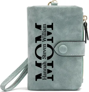 Personalized Gifts for Mom - Custom Womens Wallet with Names, Gifts for Mothers Day Mom Birthday - Customized Ladies Wristlet Wallet Coin Purse Bifold Cards Holder, Green