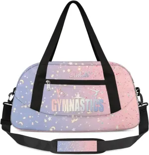 Personalized Gym Bag for Girls Teens, Custom Dance Bag Overnight Small Duffel Bag Carry On Weekend Sports Travel Bag for School Practice Gymnastics Ballet, Blue Pink Stars Moon