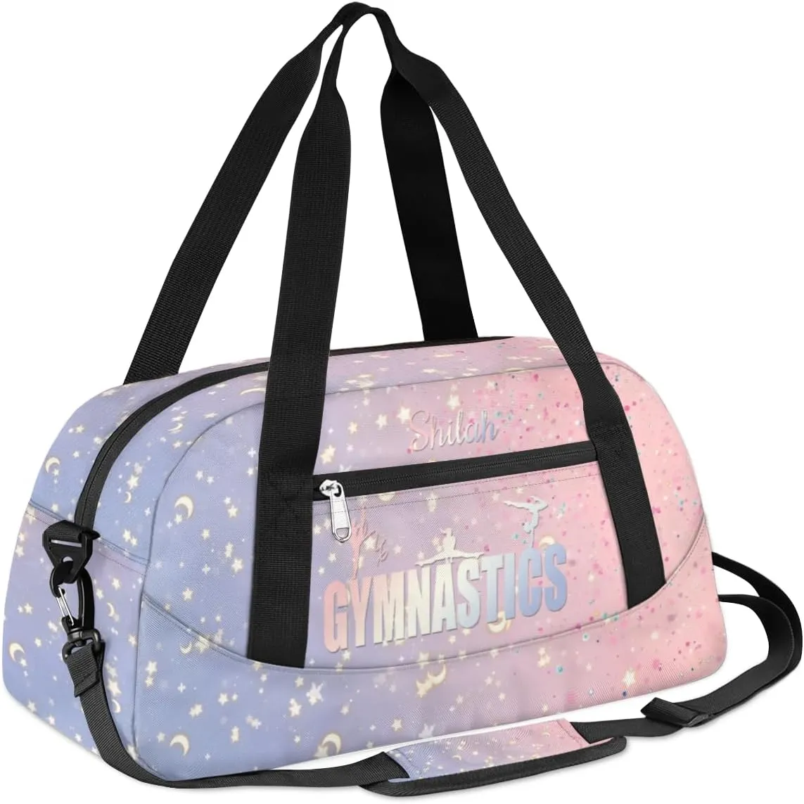 Personalized Gym Bag for Girls Teens, Custom Dance Bag Overnight Small Duffel Bag Carry On Weekend Sports Travel Bag for School Practice Gymnastics Ballet, Blue Pink Stars Moon