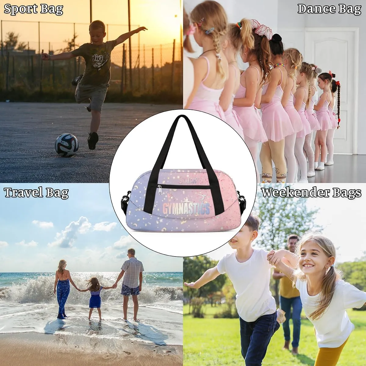 Personalized Gym Bag for Girls Teens, Custom Dance Bag Overnight Small Duffel Bag Carry On Weekend Sports Travel Bag for School Practice Gymnastics Ballet, Blue Pink Stars Moon