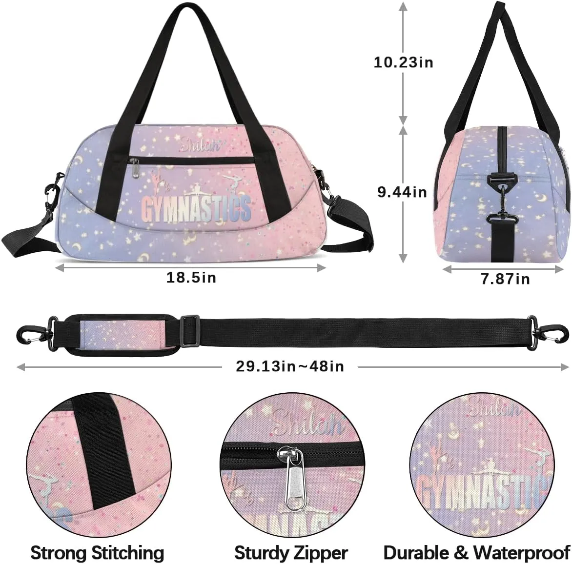 Personalized Gym Bag for Girls Teens, Custom Dance Bag Overnight Small Duffel Bag Carry On Weekend Sports Travel Bag for School Practice Gymnastics Ballet, Blue Pink Stars Moon