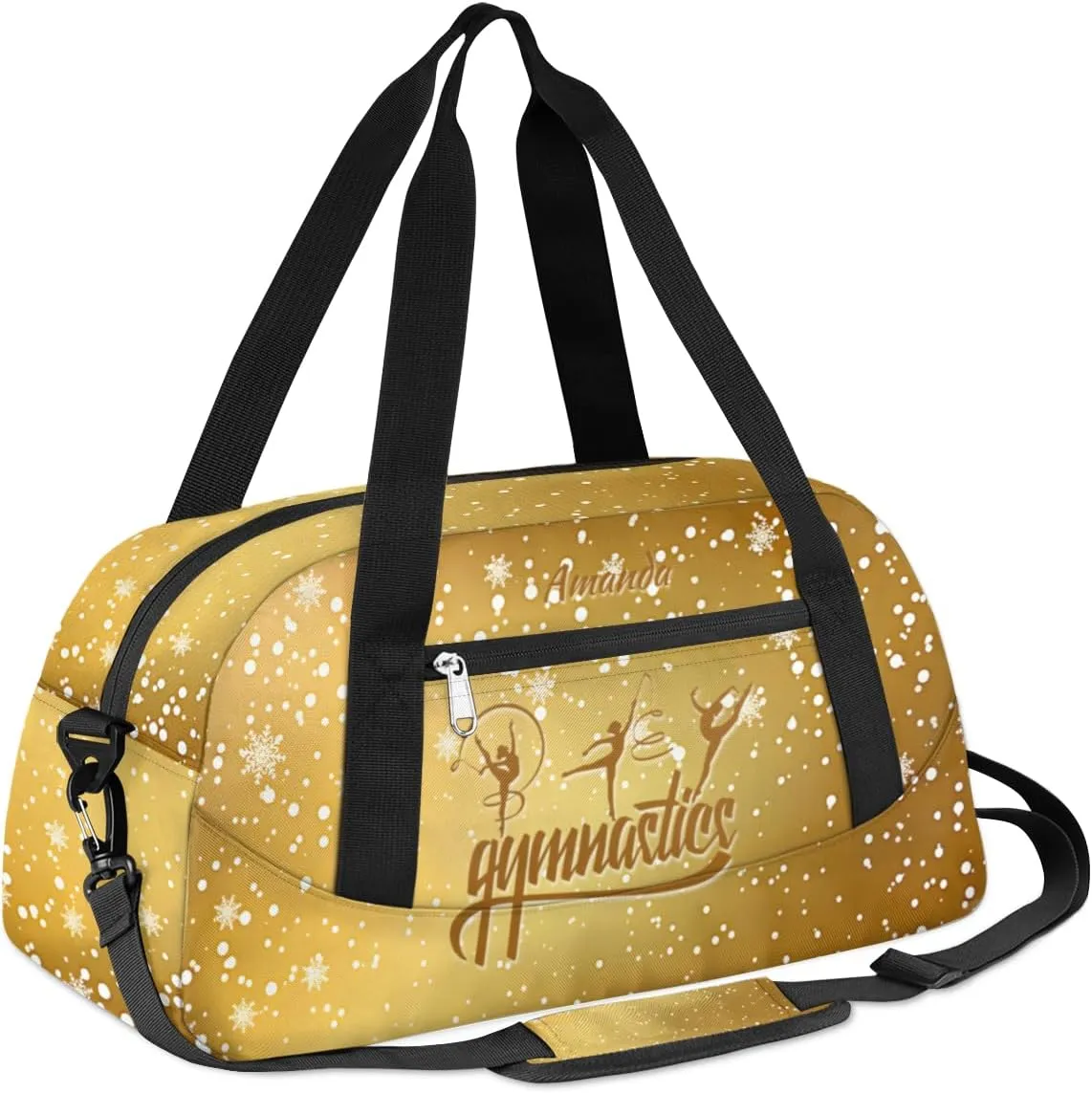 Personalized Gym Bag for Girls Teens, Custom Dance Bag Overnight Small Duffel Bag Carry On Weekend Sports Travel Bag for School Practice Gymnastics Ballet, Gymnastics Gold Snowflakes