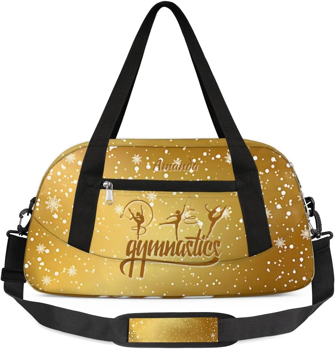 Personalized Gym Bag for Girls Teens, Custom Dance Bag Overnight Small Duffel Bag Carry On Weekend Sports Travel Bag for School Practice Gymnastics Ballet, Gymnastics Gold Snowflakes