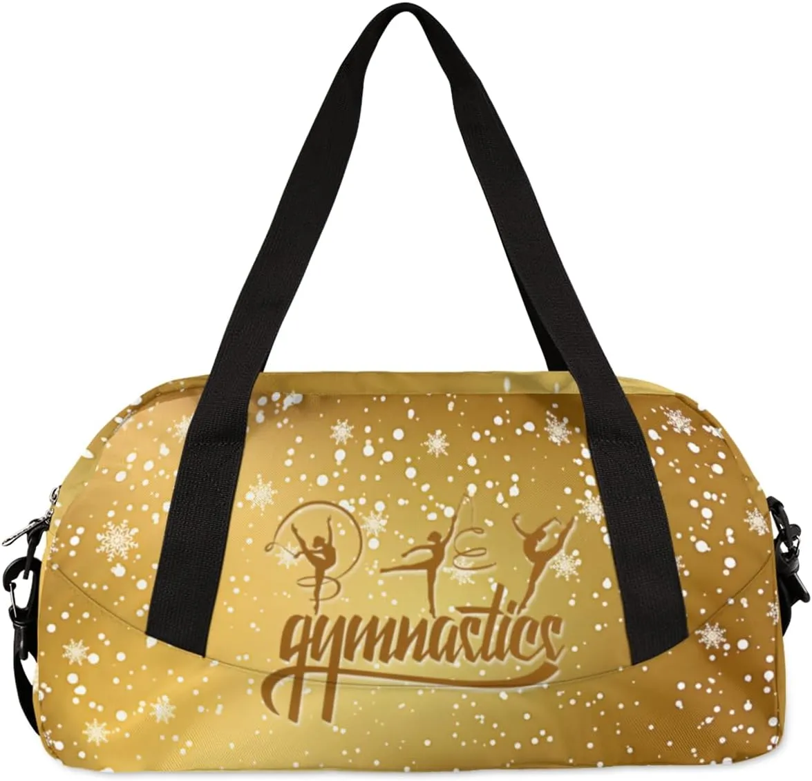 Personalized Gym Bag for Girls Teens, Custom Dance Bag Overnight Small Duffel Bag Carry On Weekend Sports Travel Bag for School Practice Gymnastics Ballet, Gymnastics Gold Snowflakes