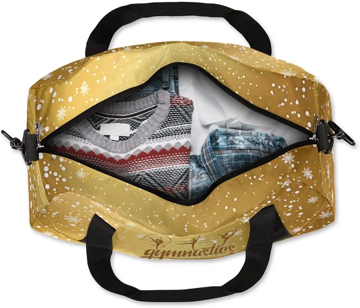 Personalized Gym Bag for Girls Teens, Custom Dance Bag Overnight Small Duffel Bag Carry On Weekend Sports Travel Bag for School Practice Gymnastics Ballet, Gymnastics Gold Snowflakes