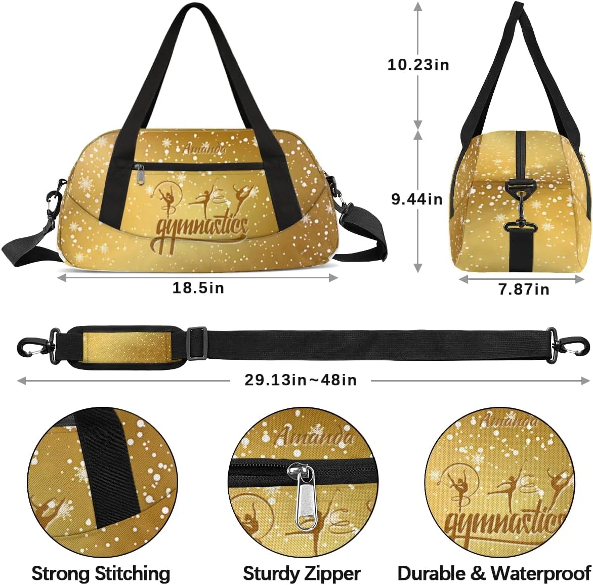 Personalized Gym Bag for Girls Teens, Custom Dance Bag Overnight Small Duffel Bag Carry On Weekend Sports Travel Bag for School Practice Gymnastics Ballet, Gymnastics Gold Snowflakes