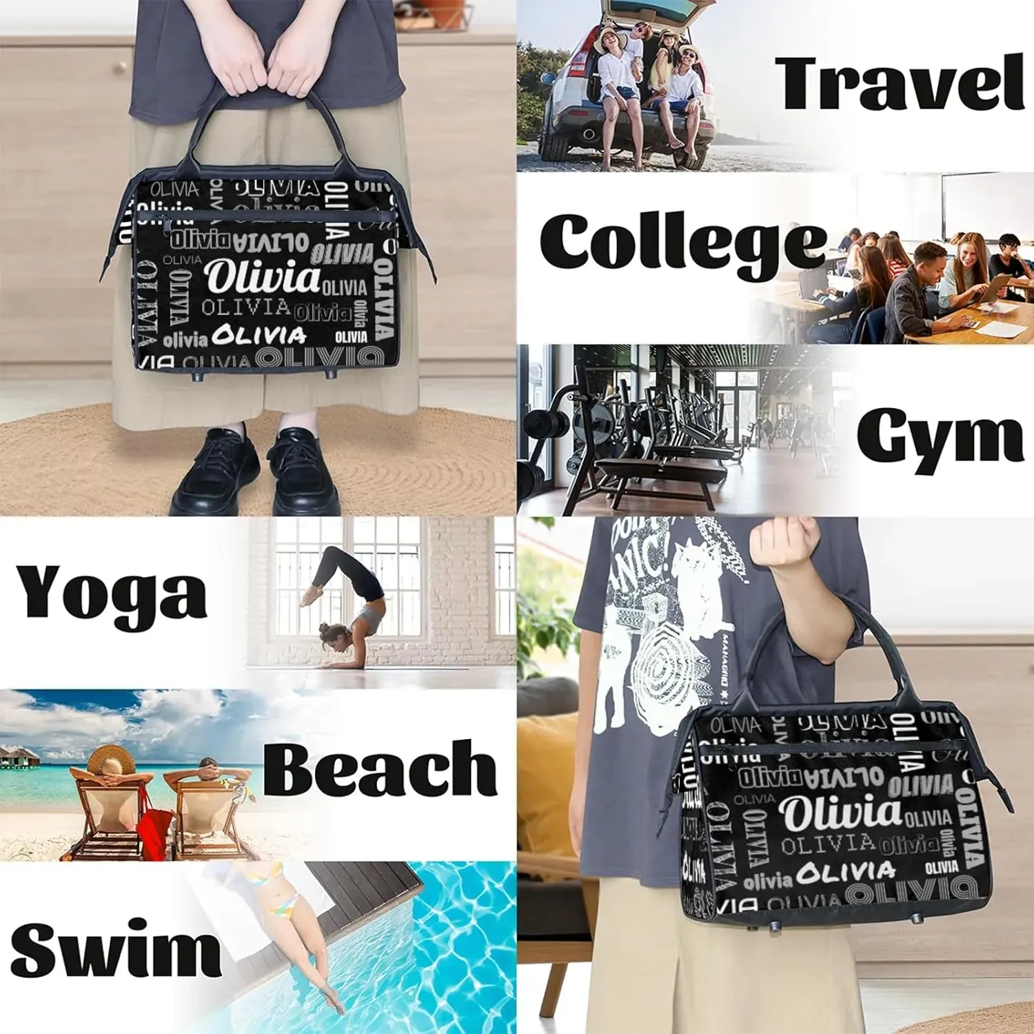 Personalized Gym Duffel Bag with Name Custom Travel Sports Bag for Women Men Waterproof Dance Ballet Bag Lightweight 15.2in, Black