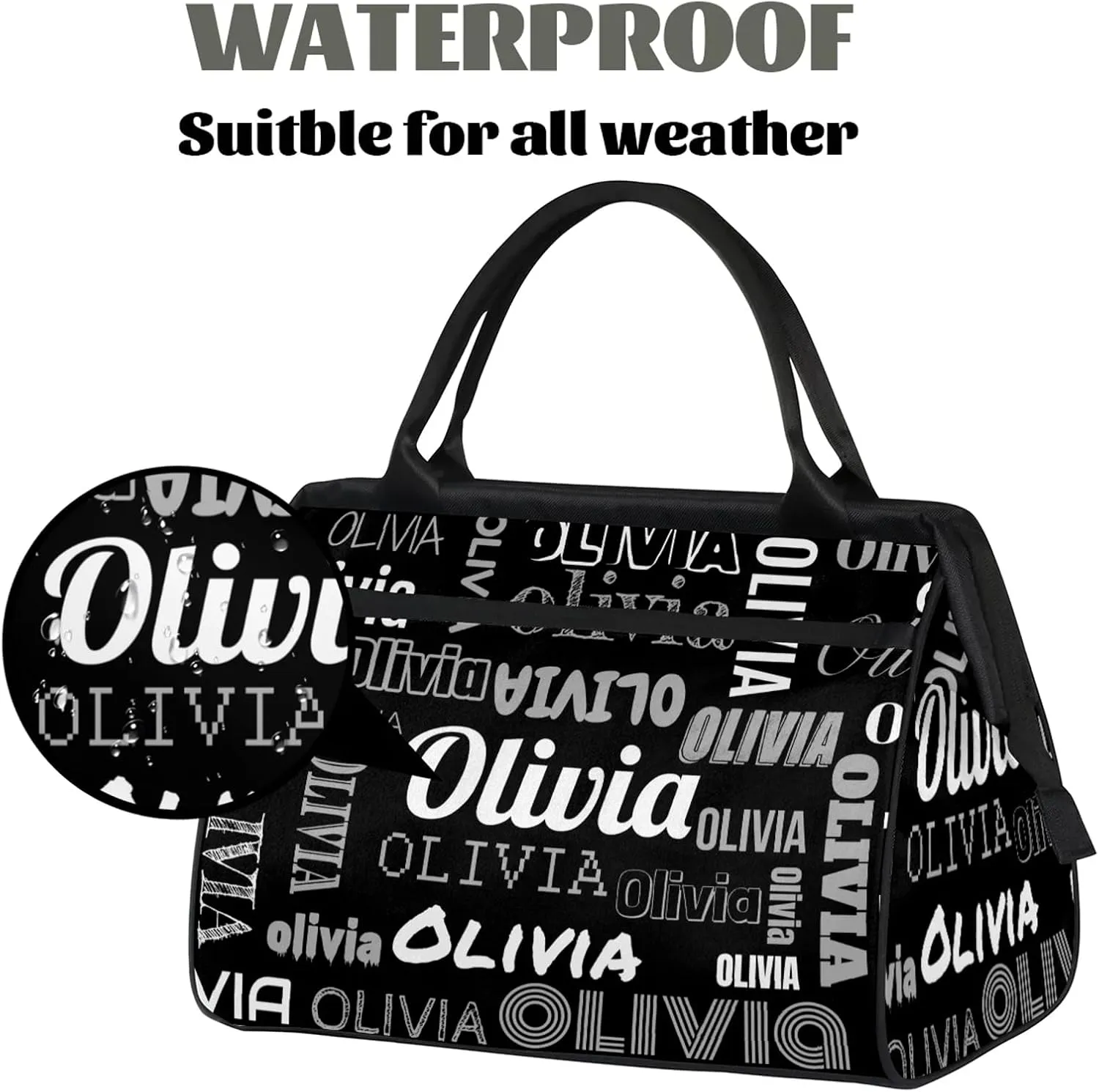 Personalized Gym Duffel Bag with Name Custom Travel Sports Bag for Women Men Waterproof Dance Ballet Bag Lightweight 15.2in, Black
