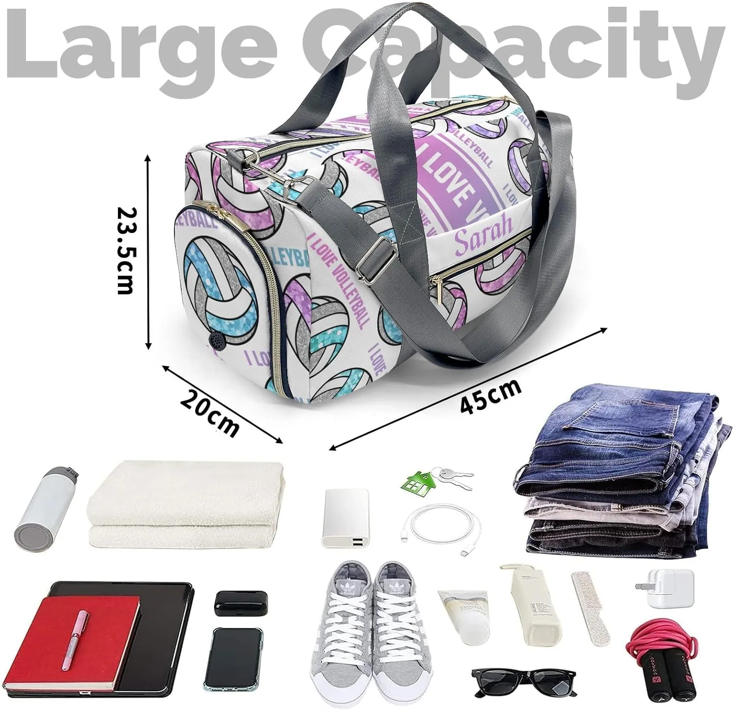 Personalized I Love Volleyball Custom Multi-functional Travel Bag, Unisex Portable Duffel Bag, Short Distance Travel Assistant
