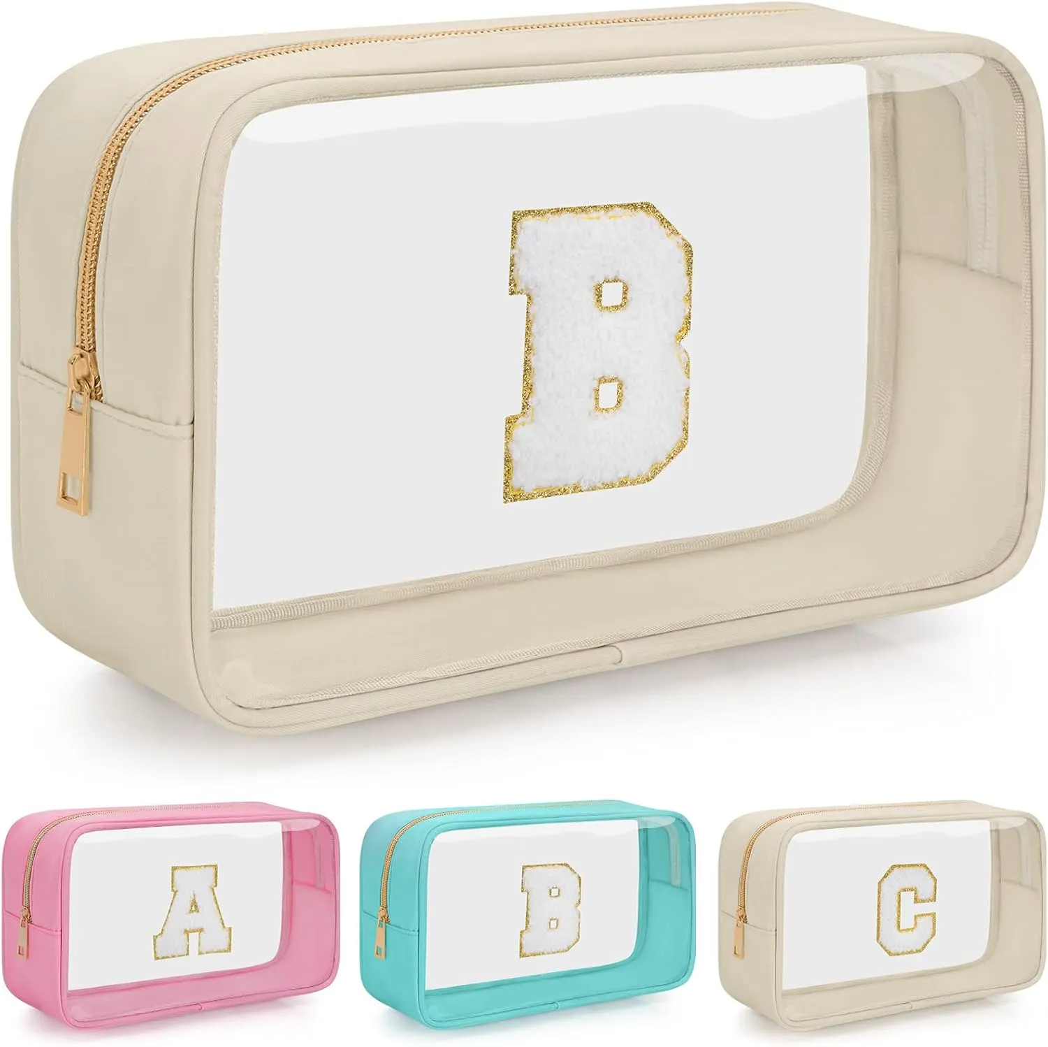 Personalized Initial Letter Clear Makeup Bag, Travel Chenille Patch Cosmetic Bag, Waterproof Toiletry Bag with Zipper for Teen Girls Women (Beige, B)