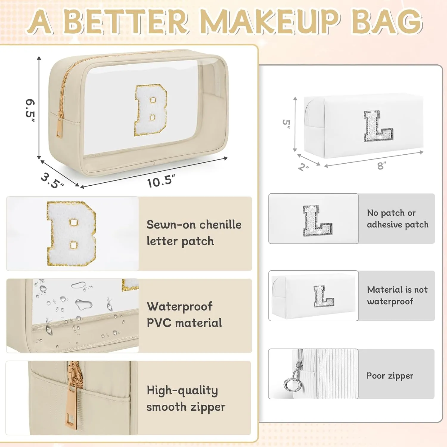 Personalized Initial Letter Clear Makeup Bag, Travel Chenille Patch Cosmetic Bag, Waterproof Toiletry Bag with Zipper for Teen Girls Women (Beige, B)