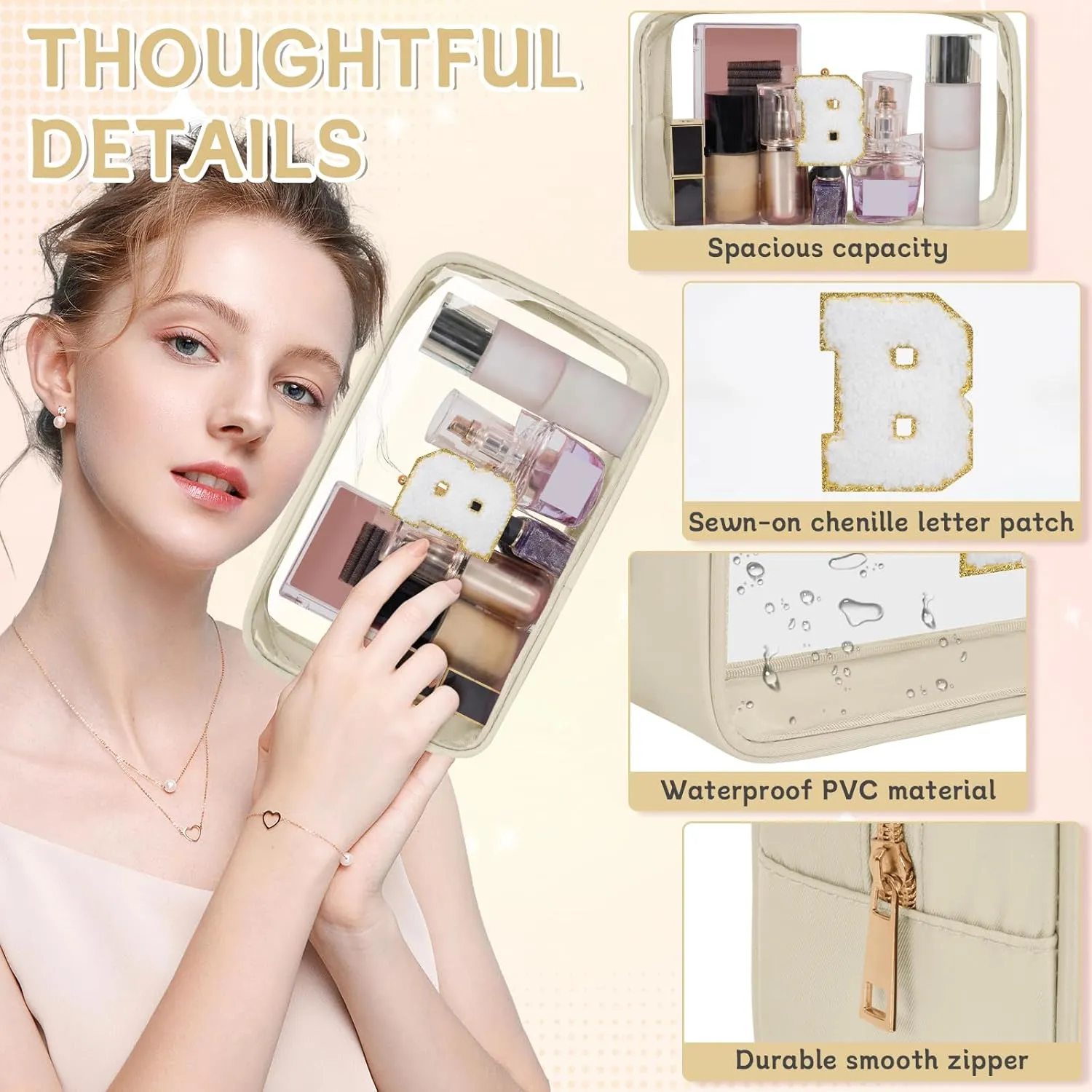 Personalized Initial Letter Clear Makeup Bag, Travel Chenille Patch Cosmetic Bag, Waterproof Toiletry Bag with Zipper for Teen Girls Women (Beige, B)