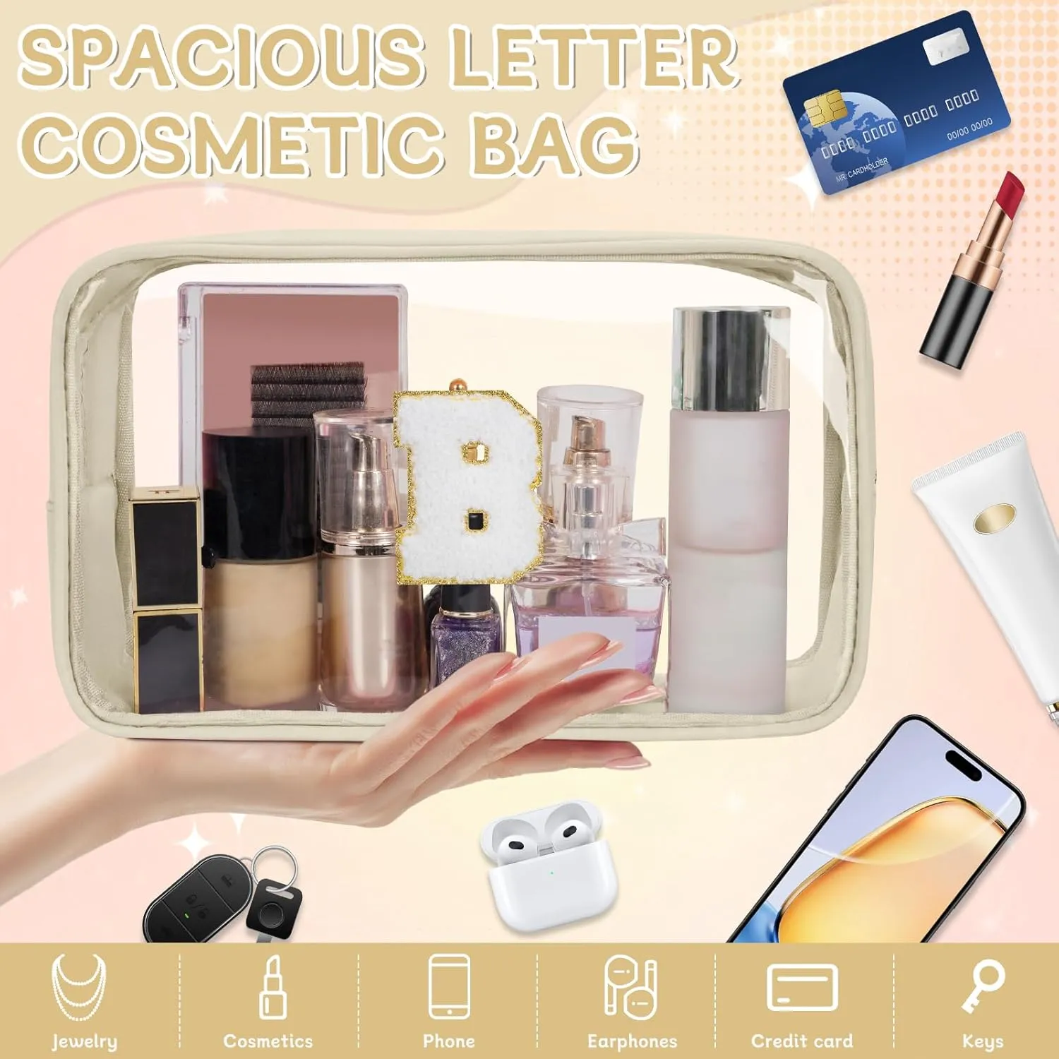 Personalized Initial Letter Clear Makeup Bag, Travel Chenille Patch Cosmetic Bag, Waterproof Toiletry Bag with Zipper for Teen Girls Women (Beige, B)