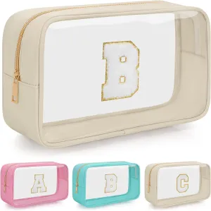 Personalized Initial Letter Clear Makeup Bag, Travel Chenille Patch Cosmetic Bag, Waterproof Toiletry Bag with Zipper for Teen Girls Women (Beige, B)