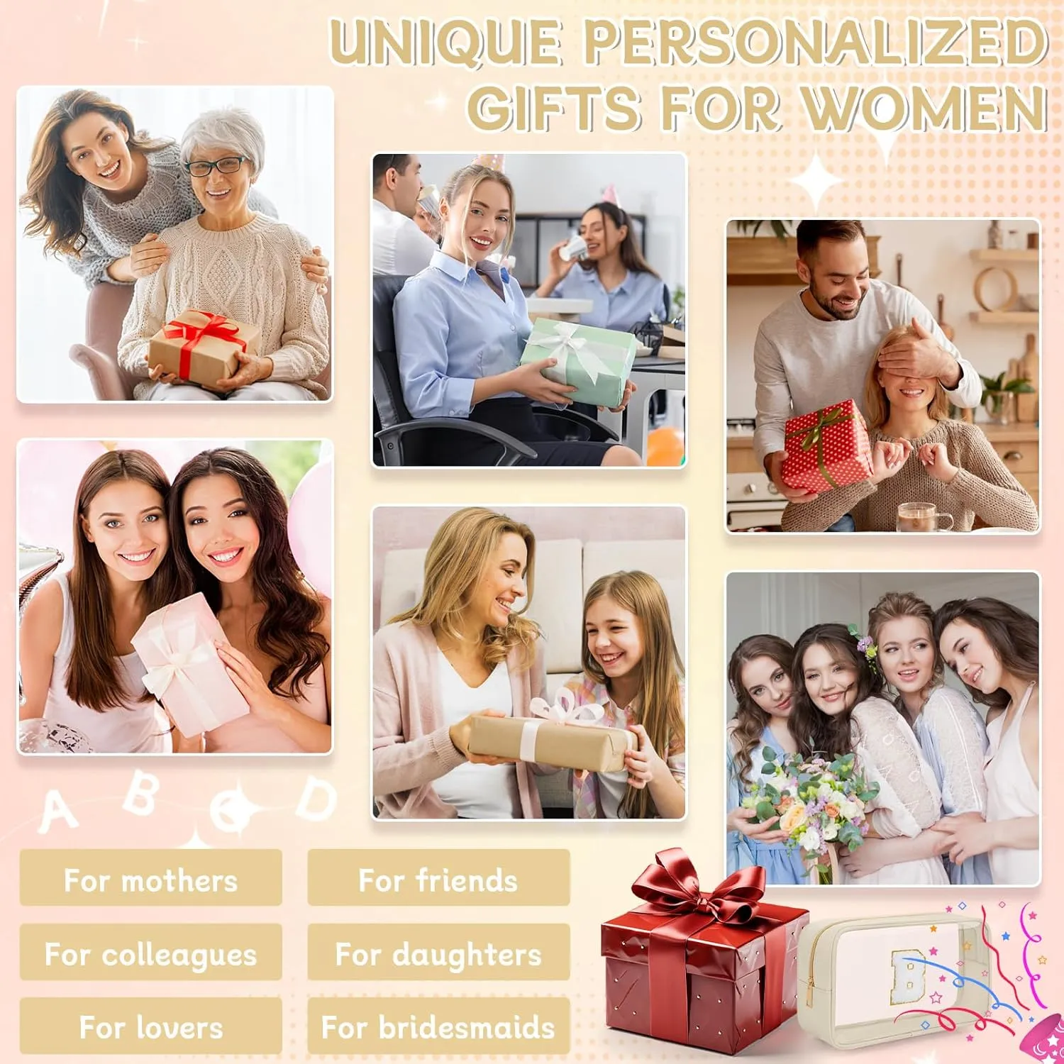Personalized Initial Letter Clear Makeup Bag, Travel Chenille Patch Cosmetic Bag, Waterproof Toiletry Bag with Zipper for Teen Girls Women (Beige, B)