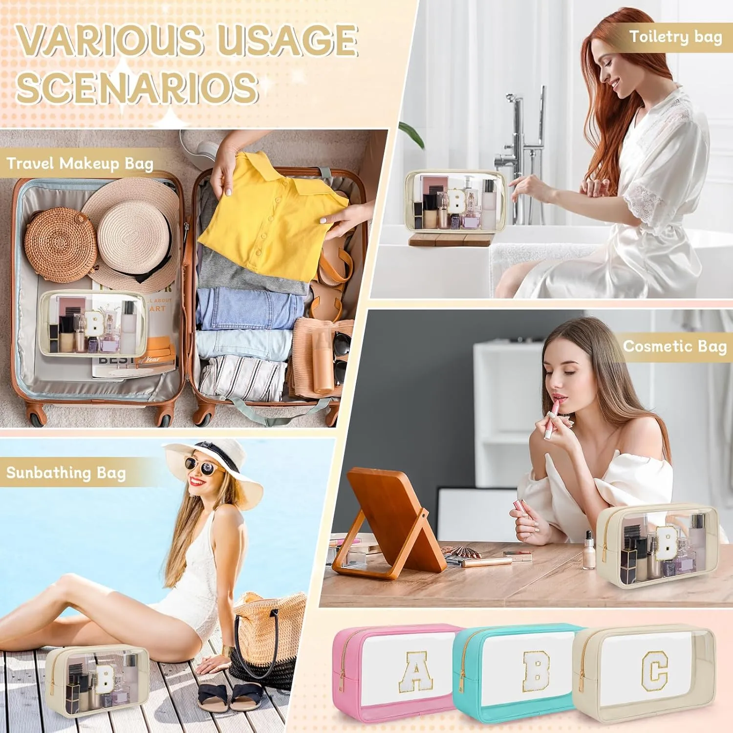 Personalized Initial Letter Clear Makeup Bag, Travel Chenille Patch Cosmetic Bag, Waterproof Toiletry Bag with Zipper for Teen Girls Women (Beige, B)