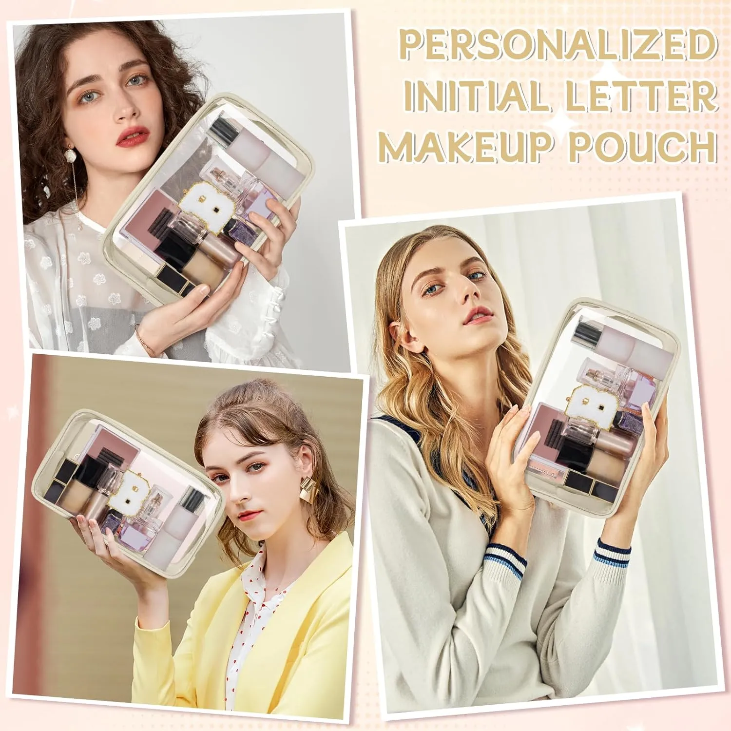 Personalized Initial Letter Clear Makeup Bag, Travel Chenille Patch Cosmetic Bag, Waterproof Toiletry Bag with Zipper for Teen Girls Women (Beige, B)