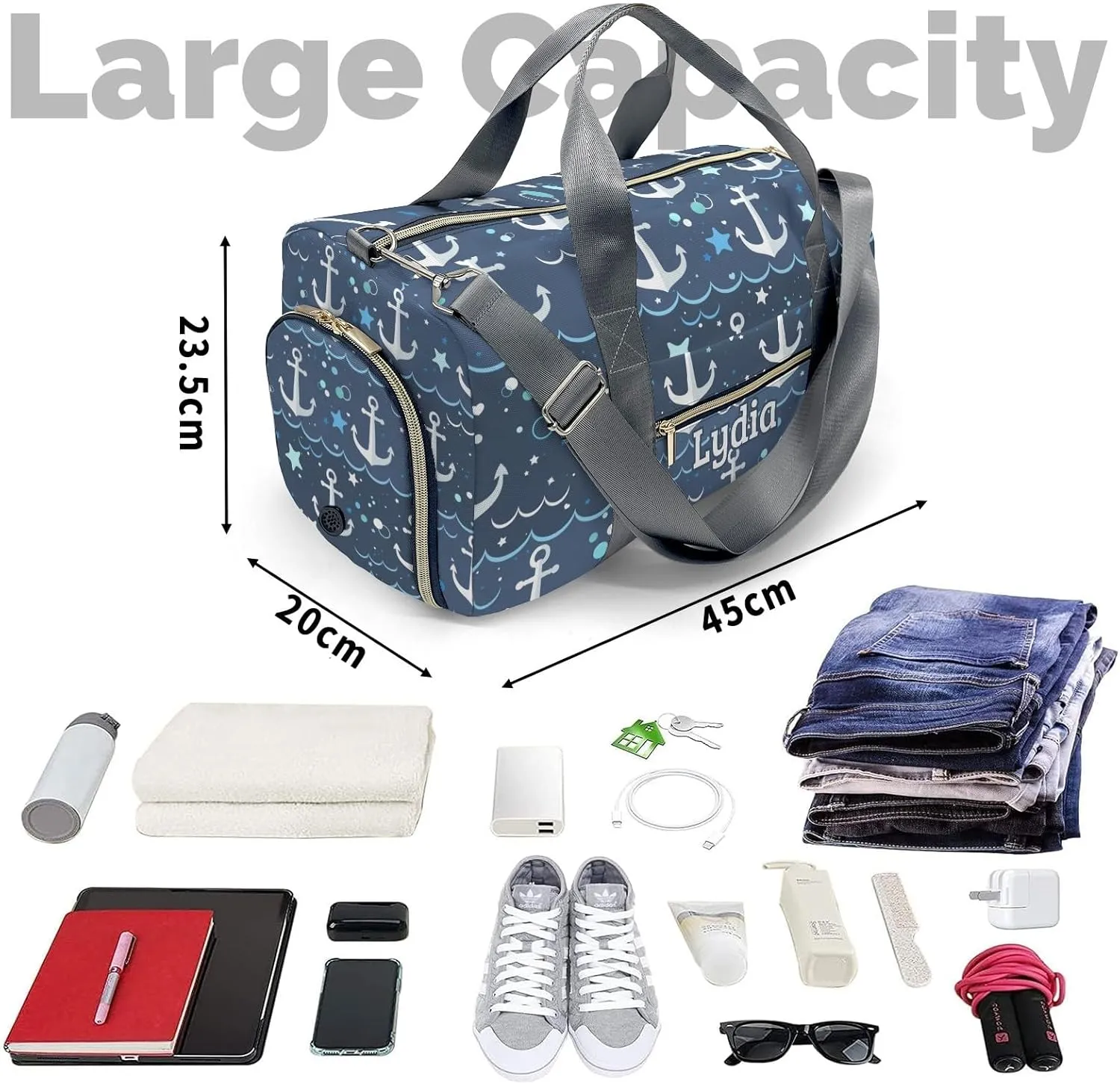 Personalized Marine Wave Anchor Custom Multi-functional Travel Bag, Unisex Portable Duffel Bag, Short Distance Travel Assistant