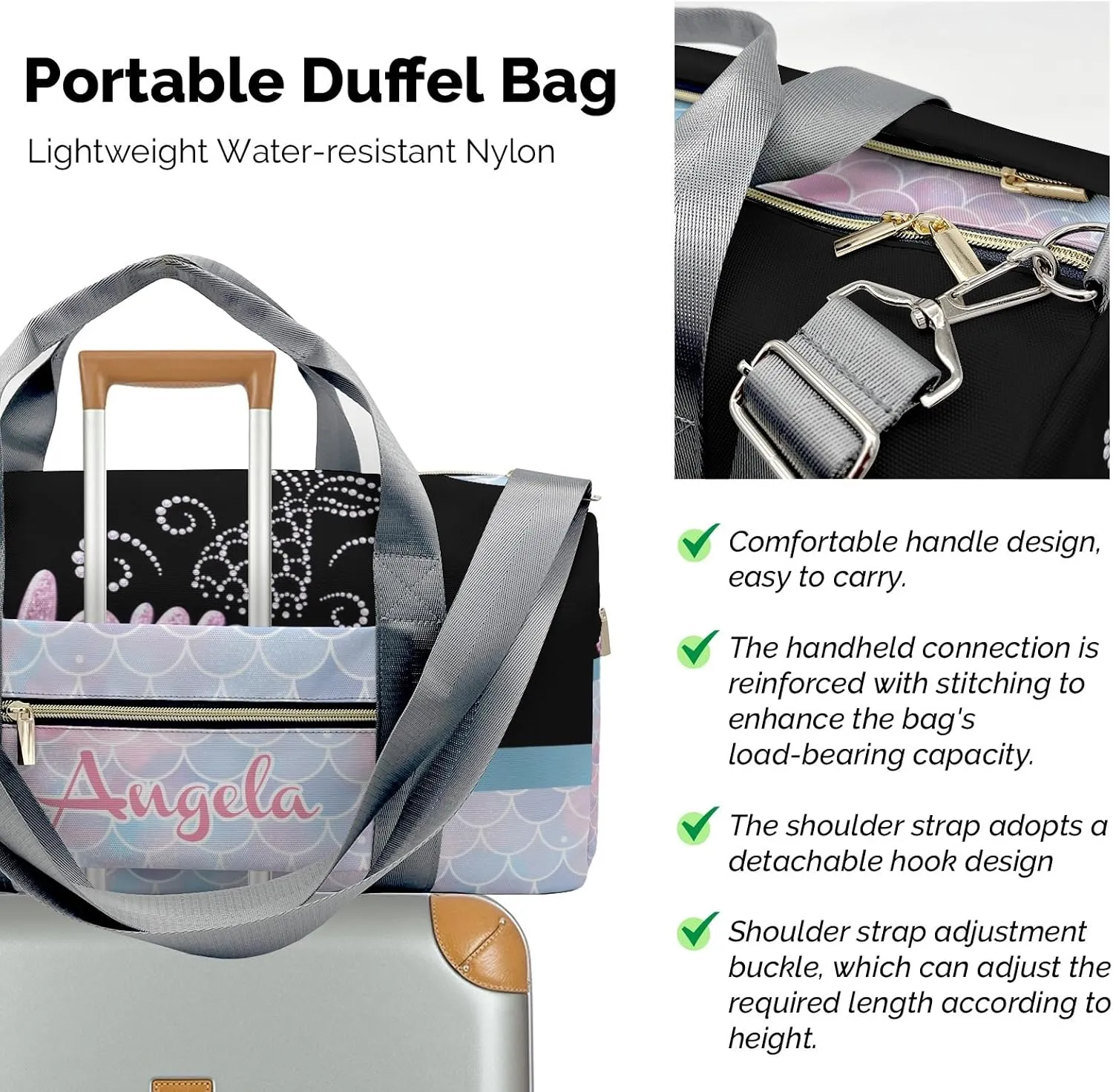 Personalized Mermaid Princess Bow Unicorn Customized Multi-functional Handbag Travel Bag,Unisex Short Trip Portable Duffel Bag