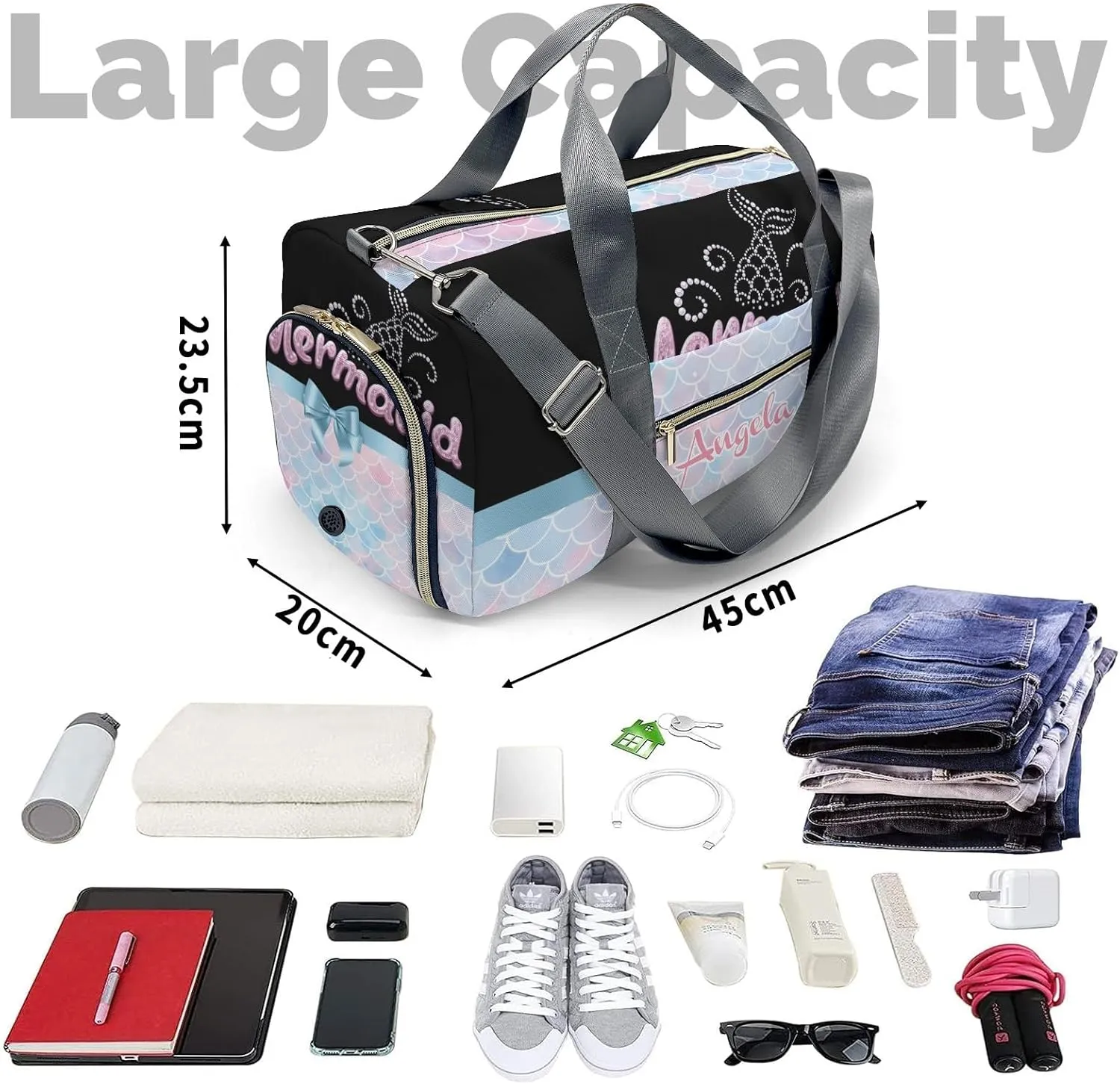 Personalized Mermaid Princess Bow Unicorn Customized Multi-functional Handbag Travel Bag,Unisex Short Trip Portable Duffel Bag