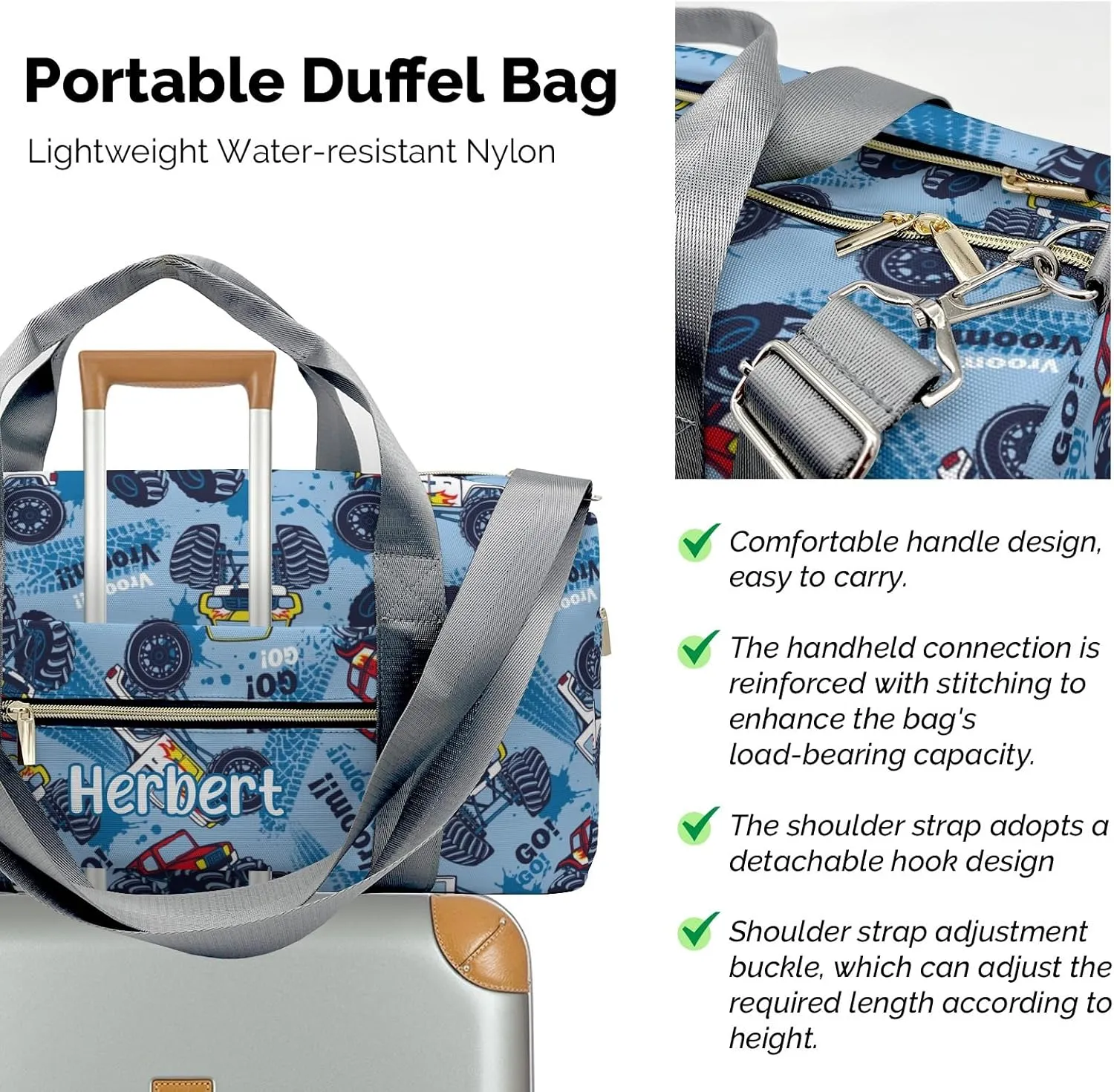 Personalized Monster Truck Cars Cool Custom Multi-functional Travel Bag, Unisex Portable Duffel Bag, Short Distance Travel Assistant