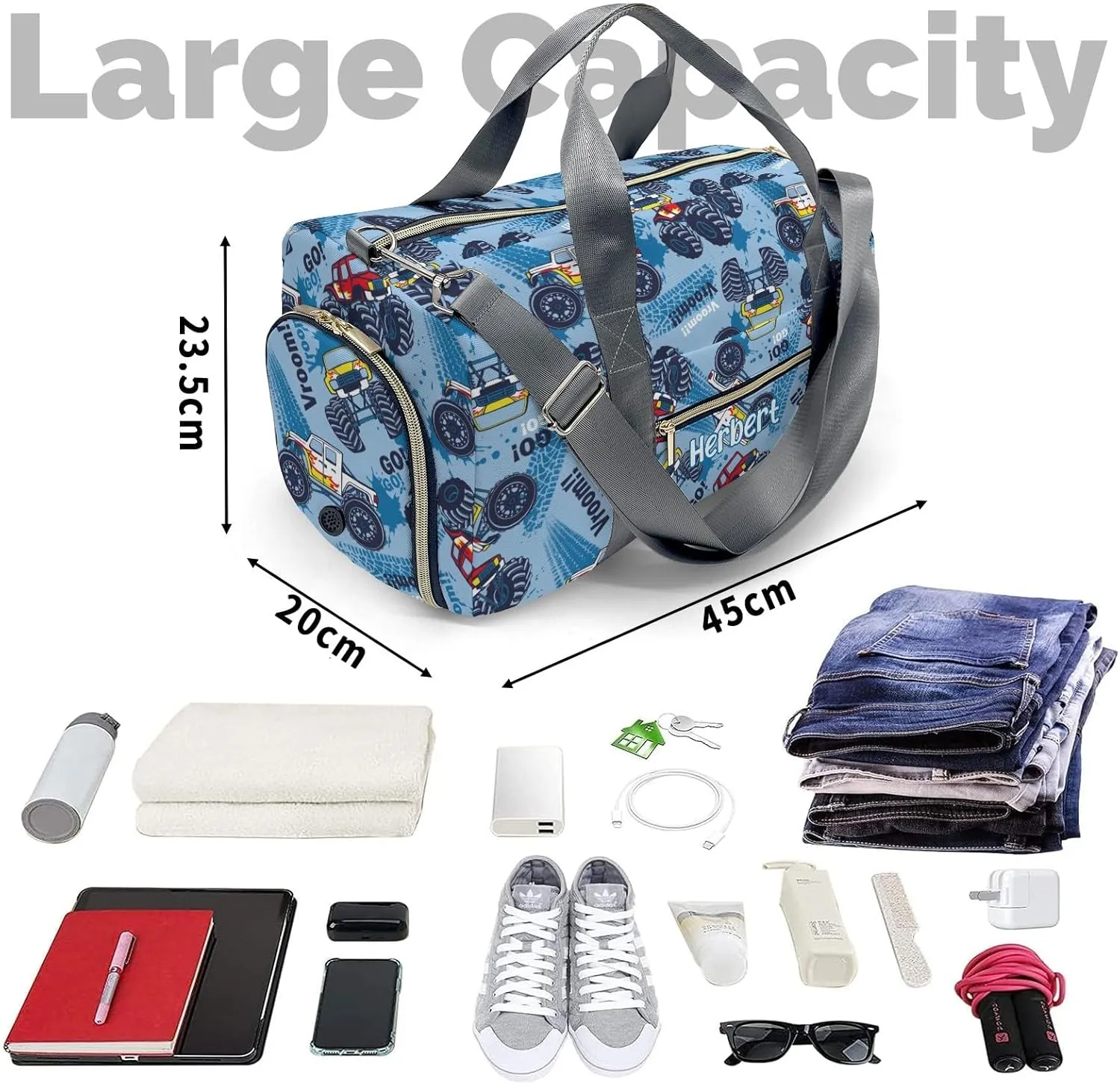 Personalized Monster Truck Cars Cool Custom Multi-functional Travel Bag, Unisex Portable Duffel Bag, Short Distance Travel Assistant