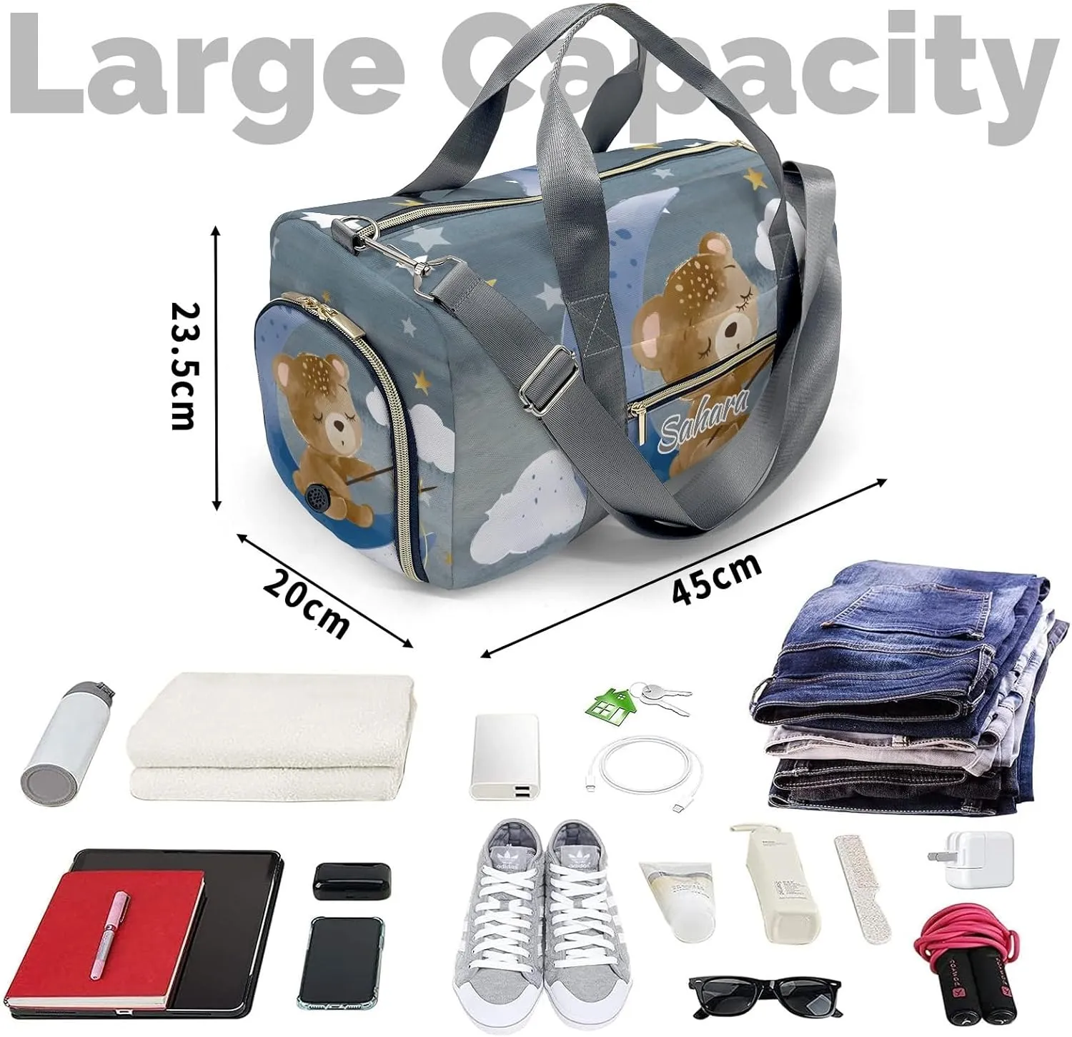 Personalized Moon Stars Bear Custom Multi-functional Travel Bag, Unisex Portable Duffel Bag, Short Distance Travel Assistant