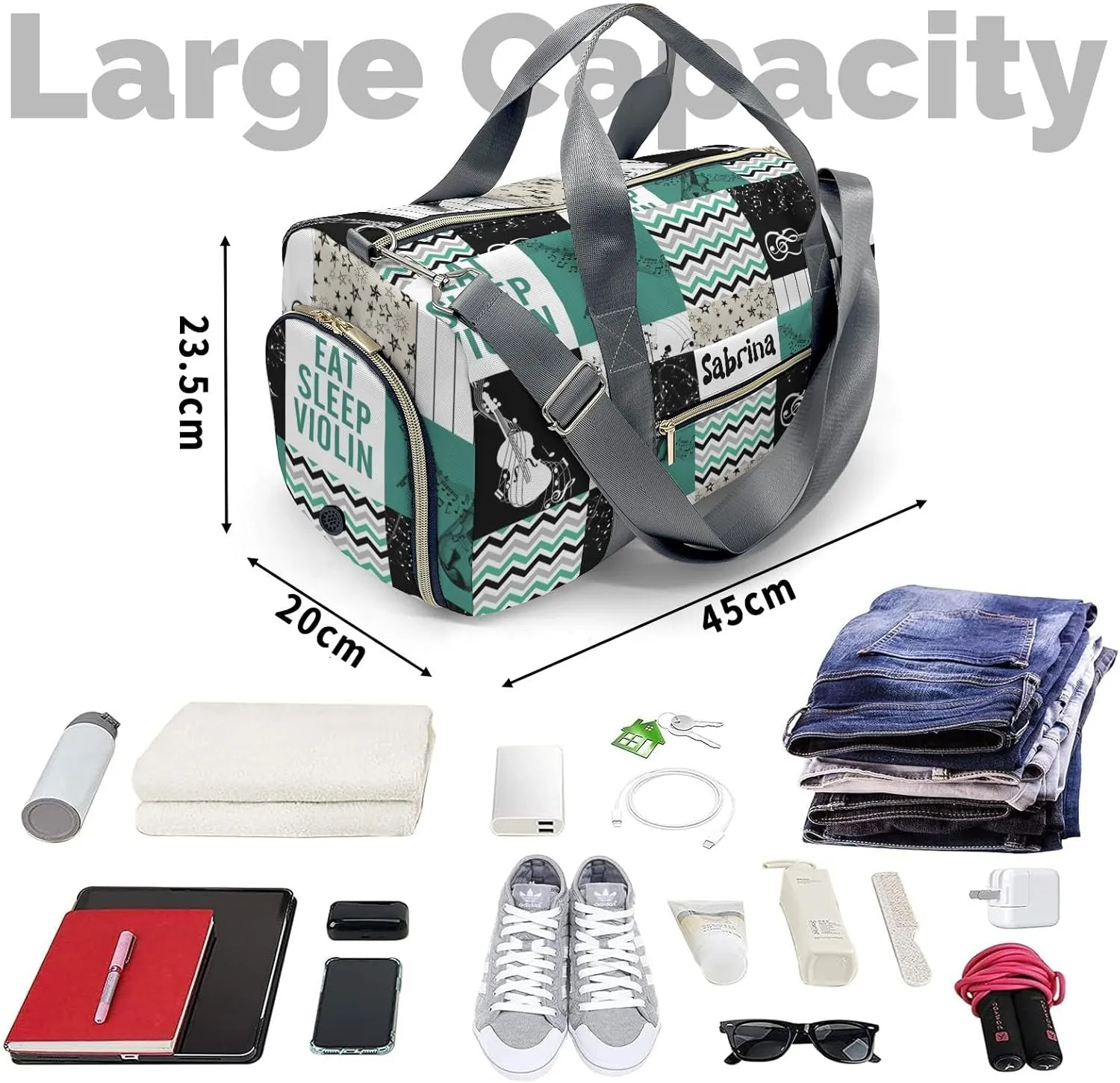 Personalized Music Green Custom Multi-functional Travel Bag, Unisex Portable Duffel Bag, Short Distance Travel Assistant