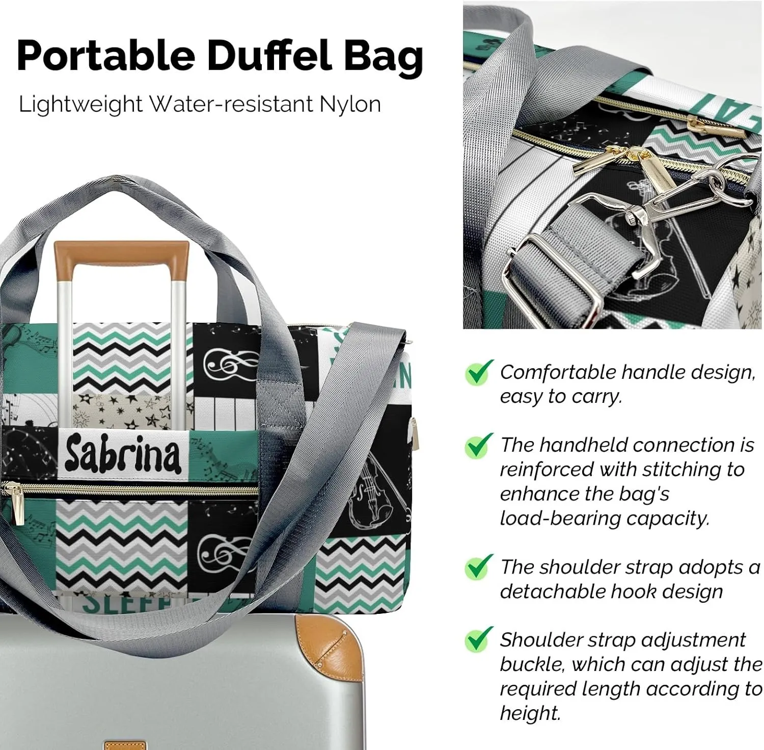 Personalized Music Green Custom Multi-functional Travel Bag, Unisex Portable Duffel Bag, Short Distance Travel Assistant