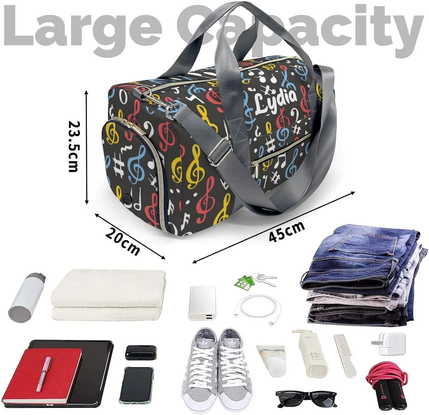 Personalized Music Notes Symbols Diamond Custom Multi-functional Travel Bag, Unisex Portable Duffel Bag, Short Distance Travel Assistant.