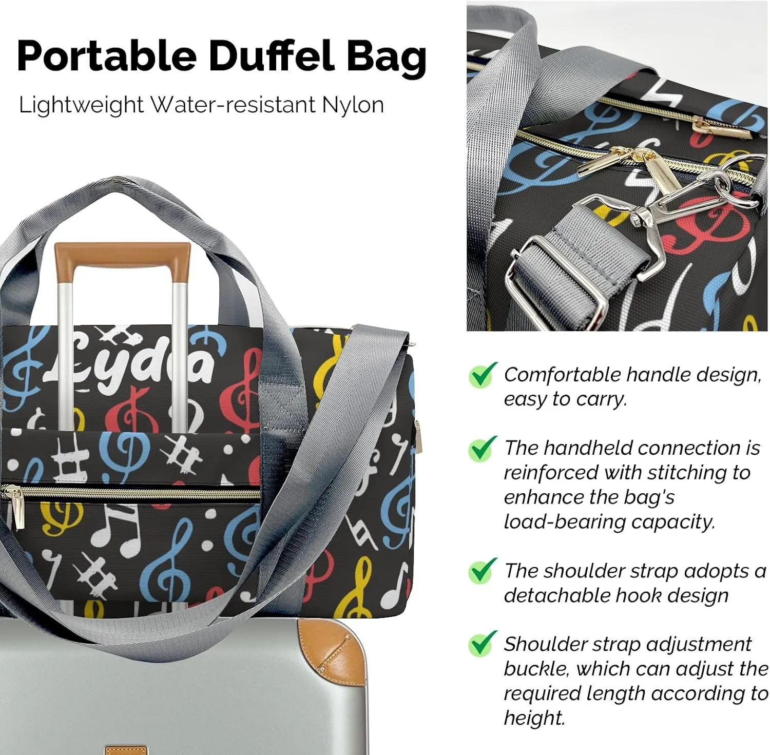 Personalized Music Notes Symbols Diamond Custom Multi-functional Travel Bag, Unisex Portable Duffel Bag, Short Distance Travel Assistant.