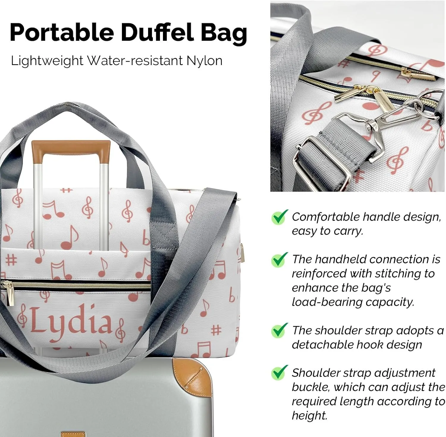 Personalized Musical Note Clef Rose Custom Multi-functional Travel Bag, Unisex Portable Duffel Bag, Short Distance Travel Assistant.