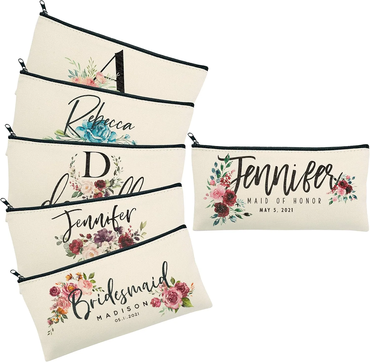 Personalized Set of 6 Floral Makeup Bag for Bridesmaid Proposal Gift Nautal Color Pouch With Customized Name