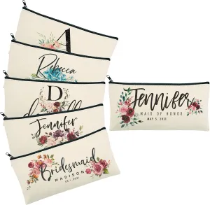 Personalized Set of 6 Floral Makeup Bag for Bridesmaid Proposal Gift Nautal Color Pouch With Customized Name
