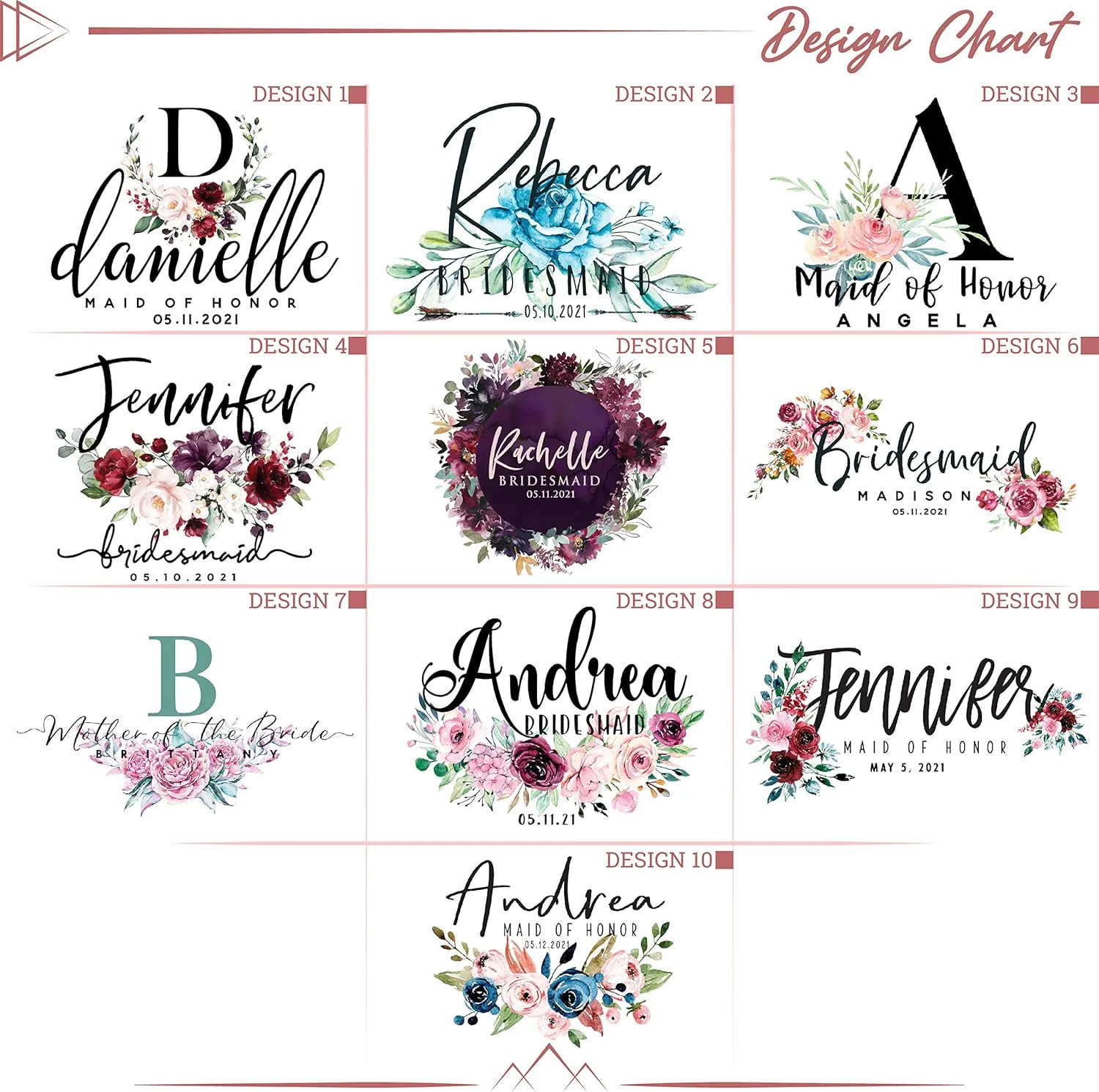 Personalized Set of 6 Floral Makeup Bag for Bridesmaid Proposal Gift Nautal Color Pouch With Customized Name