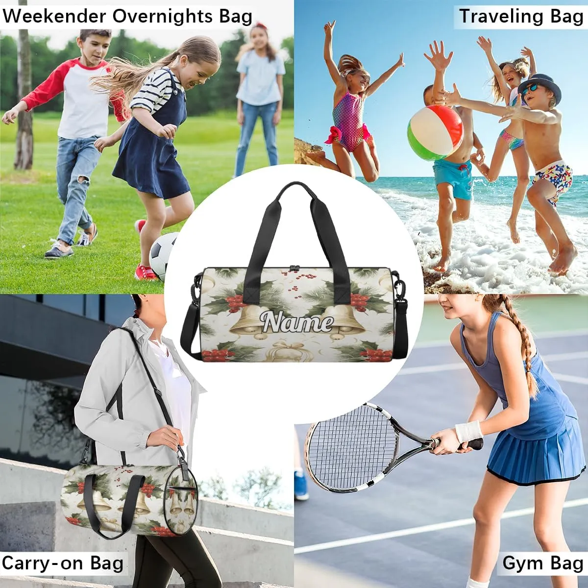 Personalized Sport Gym Bag Dance Duffle Ballet Bag Overnight Travel Sleepover Bags Swimming Hiking Camping, Christmas Ball Pine Leaf