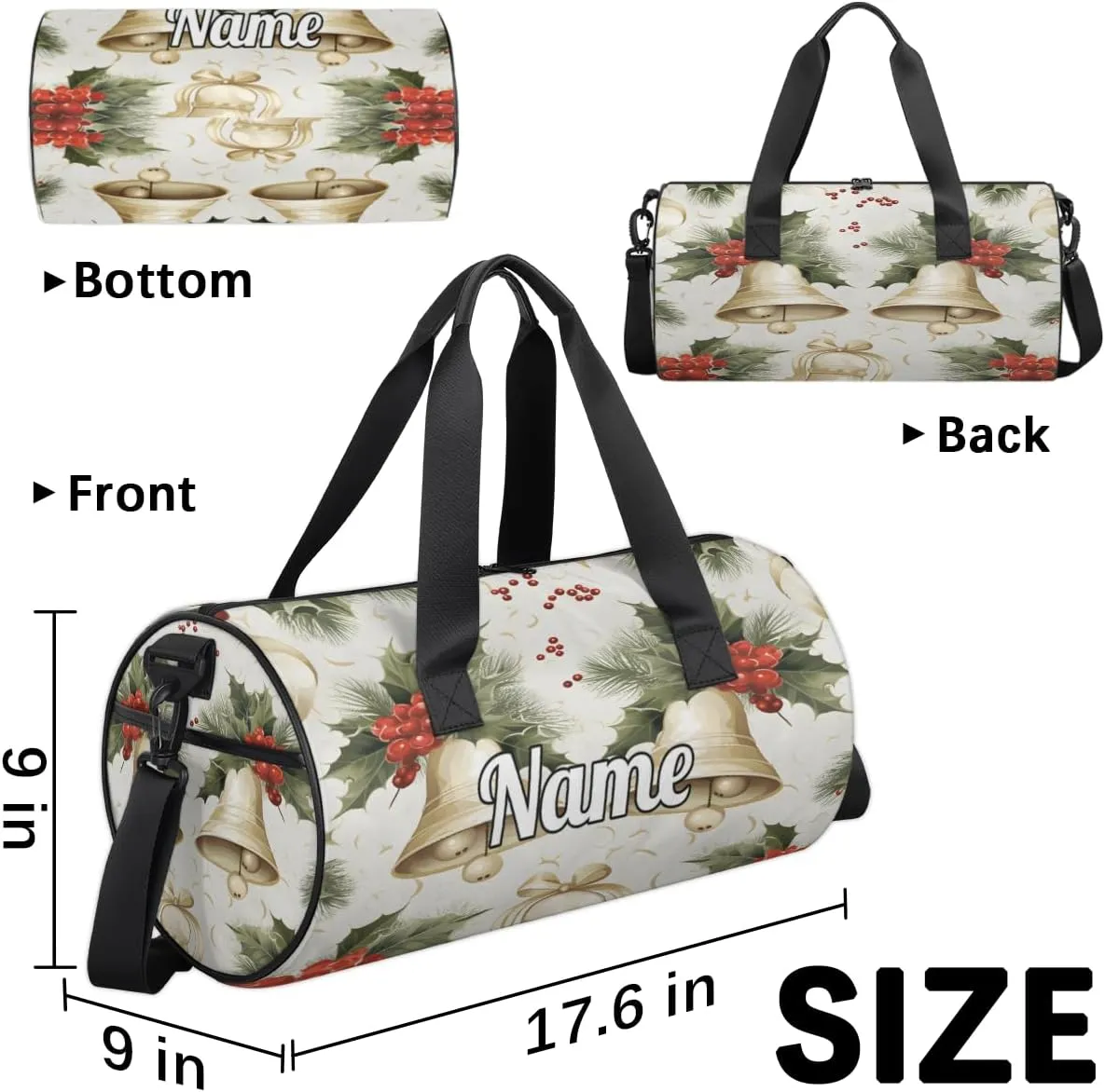 Personalized Sport Gym Bag Dance Duffle Ballet Bag Overnight Travel Sleepover Bags Swimming Hiking Camping, Christmas Ball Pine Leaf
