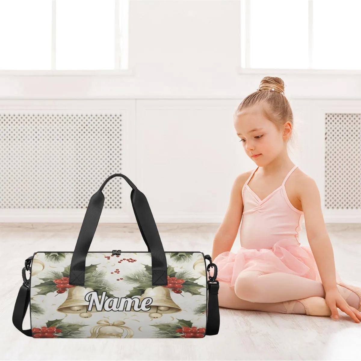 Personalized Sport Gym Bag Dance Duffle Ballet Bag Overnight Travel Sleepover Bags Swimming Hiking Camping, Christmas Ball Pine Leaf