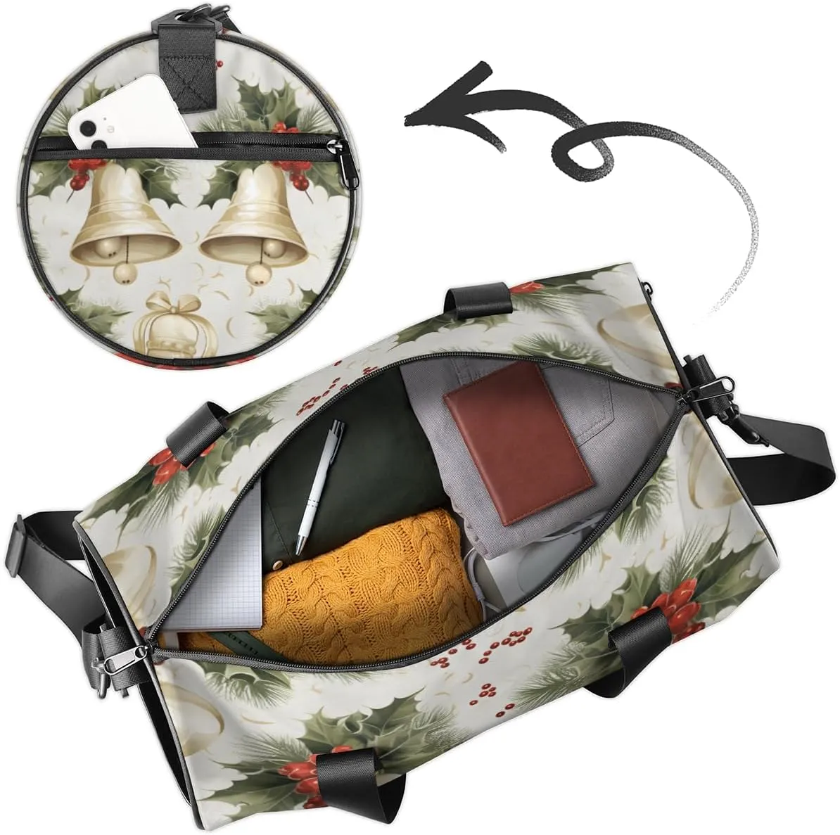 Personalized Sport Gym Bag Dance Duffle Ballet Bag Overnight Travel Sleepover Bags Swimming Hiking Camping, Christmas Ball Pine Leaf