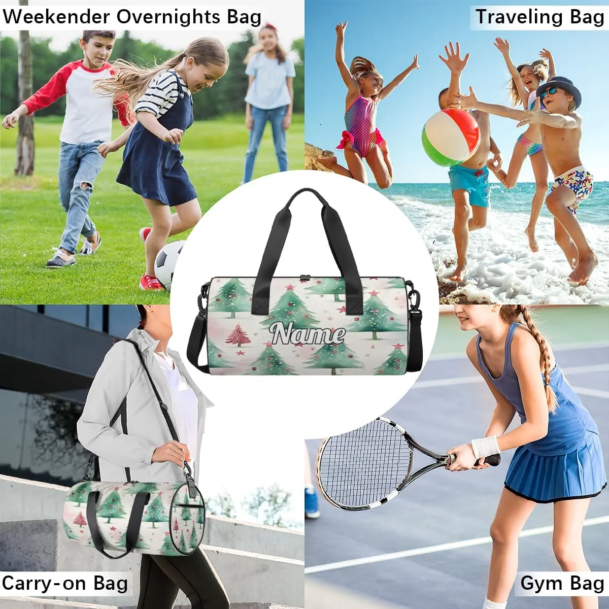 Personalized Sport Gym Bag Dance Duffle Ballet Bag Overnight Travel Sleepover Bags Swimming Hiking Camping, Christmas Xmas Tree