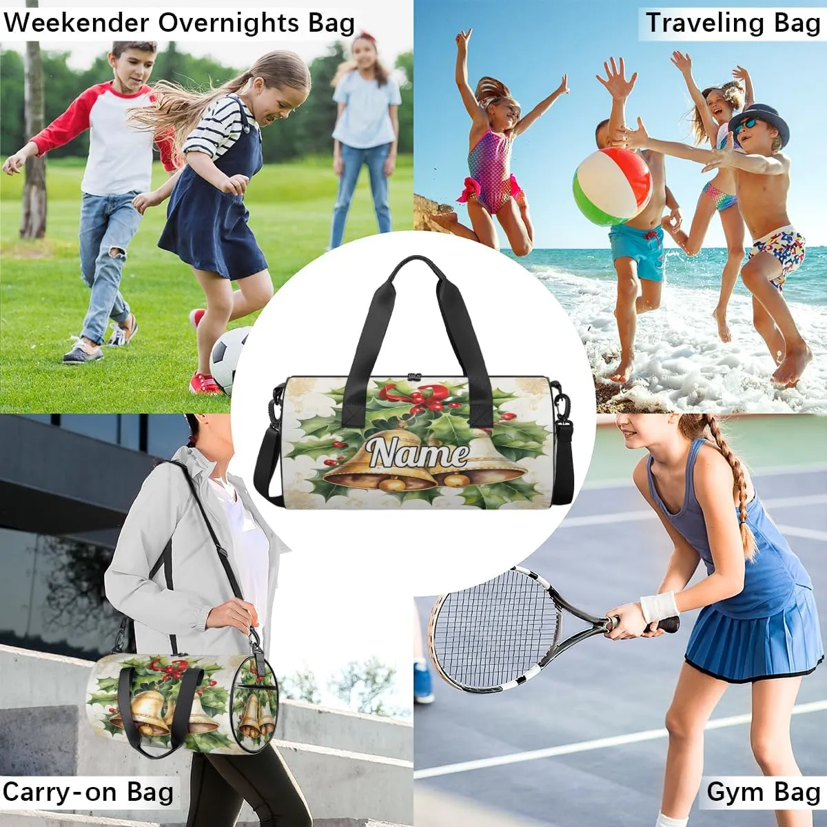 Personalized Sport Gym Bag Dance Duffle Ballet Bag Overnight Travel Sleepover Bags Swimming Hiking Camping, Gold bells with Leaves