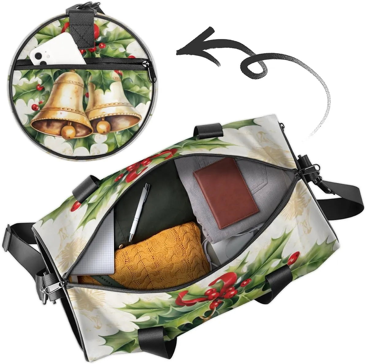 Personalized Sport Gym Bag Dance Duffle Ballet Bag Overnight Travel Sleepover Bags Swimming Hiking Camping, Gold bells with Leaves