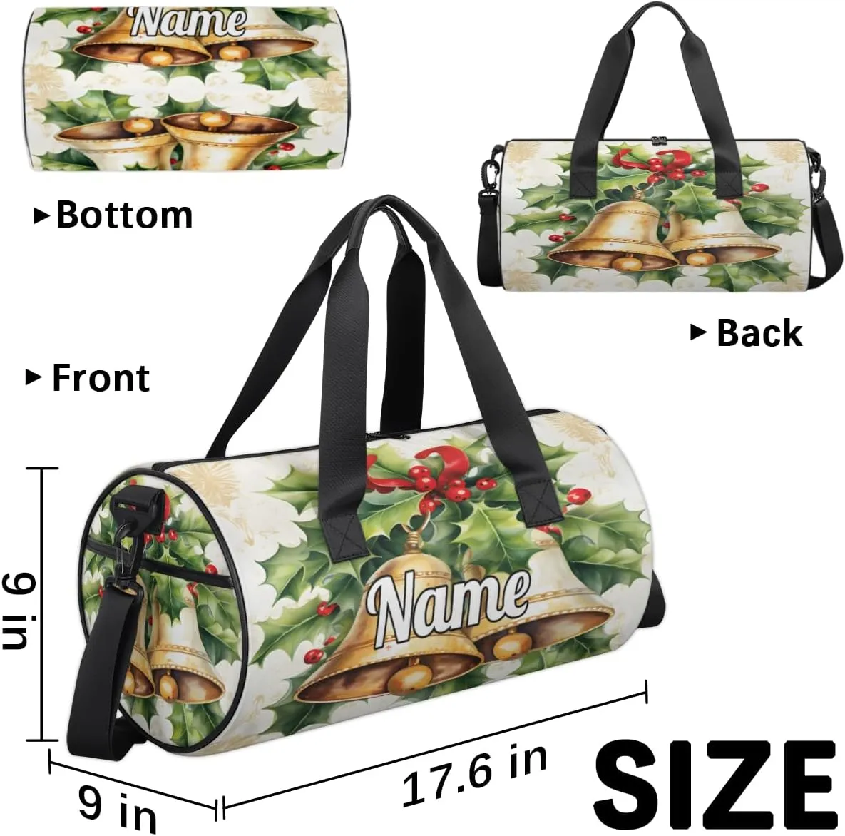 Personalized Sport Gym Bag Dance Duffle Ballet Bag Overnight Travel Sleepover Bags Swimming Hiking Camping, Gold bells with Leaves