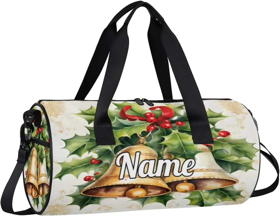Personalized Sport Gym Bag Dance Duffle Ballet Bag Overnight Travel Sleepover Bags Swimming Hiking Camping, Gold bells with Leaves