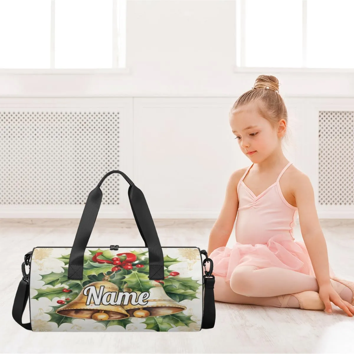 Personalized Sport Gym Bag Dance Duffle Ballet Bag Overnight Travel Sleepover Bags Swimming Hiking Camping, Gold bells with Leaves