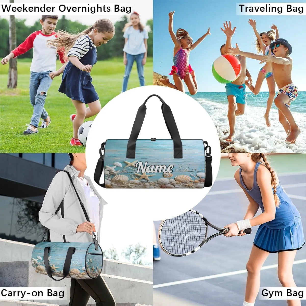 Personalized Sport Gym Bag Dance Duffle Ballet Bag Overnight Travel Sleepover Bags Swimming Hiking Camping, Ocean Themed Starfish