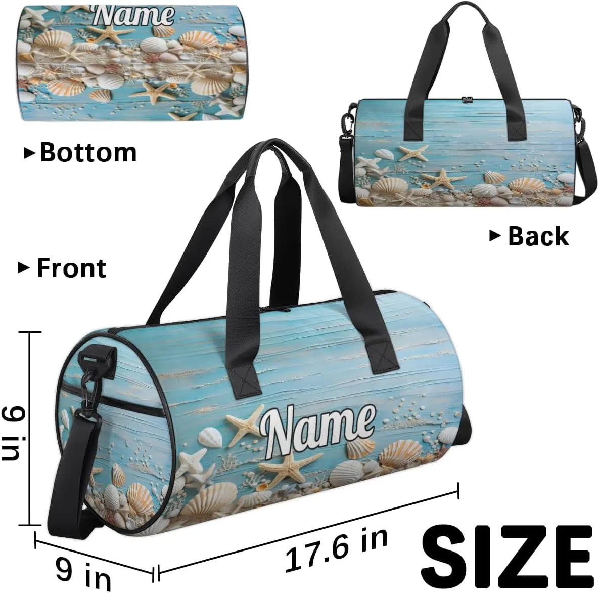 Personalized Sport Gym Bag Dance Duffle Ballet Bag Overnight Travel Sleepover Bags Swimming Hiking Camping, Ocean Themed Starfish