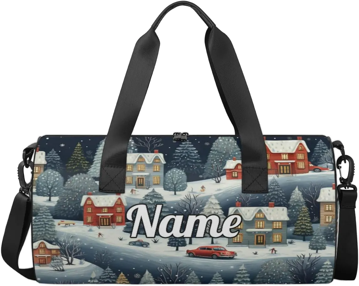 Personalized Sport Gym Bag Dance Duffle Ballet Bag Overnight Travel Sleepover Bags Swimming Hiking Camping, Vintage City Scene with Snow